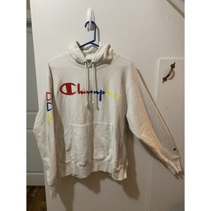 Vintage Champion Men Reverse Weave Large Cream Hoodie Rainbow Spell out Y2k